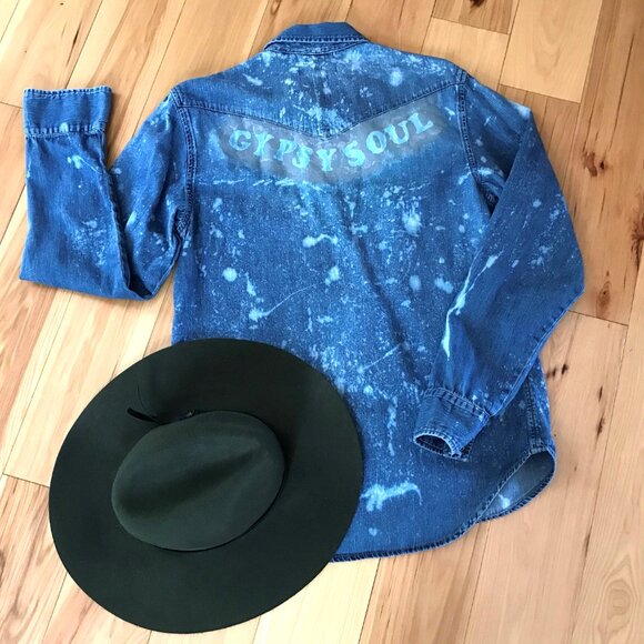 Upcycled Bleach Distressed Denim Shirt, GAP Medium:  Gypsy Soul Snap Closure Top - Picture 3 of 10